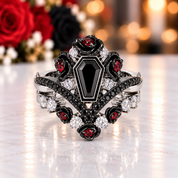 Gothic Romance Wedding Rings- Coffin Cut Diamond Option with Black Roses in 14k White Gold Band with Thorns-Black Diamonds New York