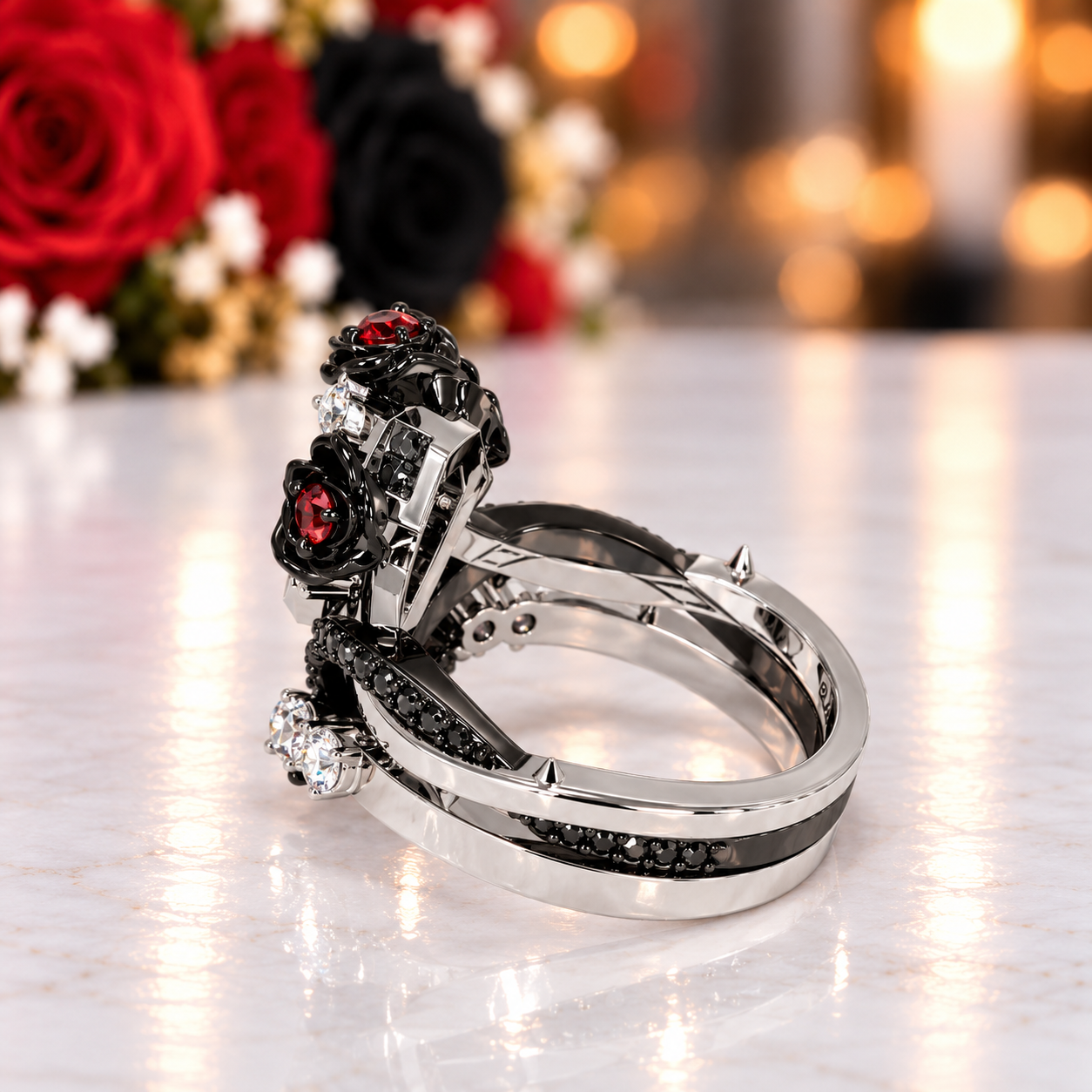 Gothic Romance Wedding Rings- Coffin Cut Diamond Option with Black Roses in 14k White Gold Band with Thorns-Black Diamonds New York