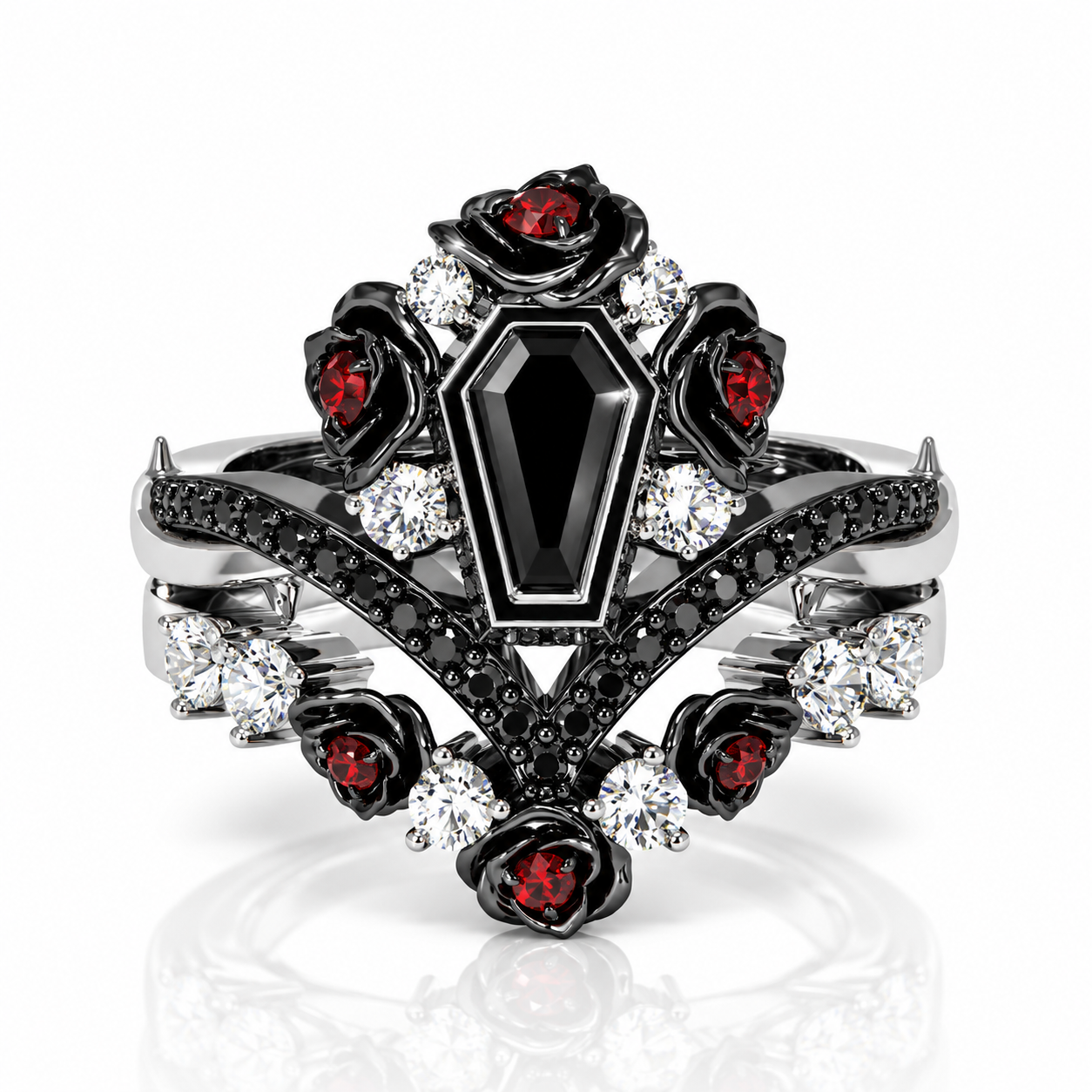 Gothic Romance Wedding Rings- Coffin Cut Diamond Option with Black Roses in 14k White Gold Band with Thorns-Black Diamonds New York