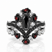Gothic Romance Wedding Rings- Coffin Cut Diamond Option with Black Roses in 14k White Gold Band with Thorns-Black Diamonds New York