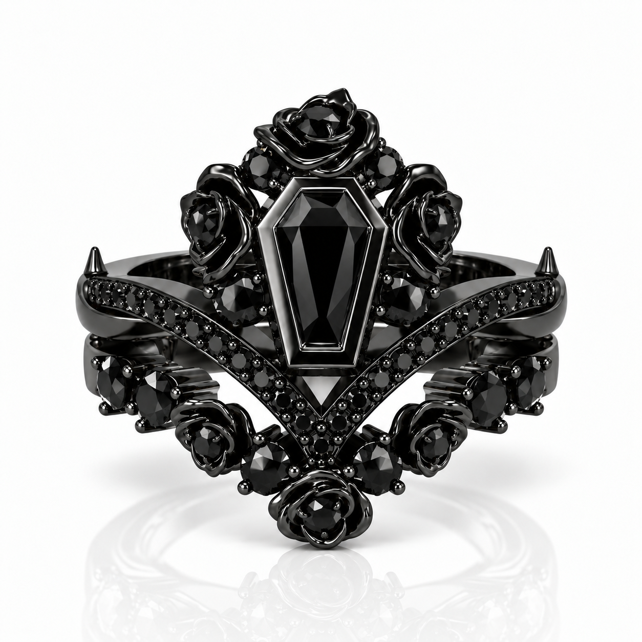 Gothic Romance Wedding Rings- Coffin Cut Diamond Option with Black Roses in 14k White Gold Band with Thorns-Black Diamonds New York
