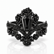 Gothic Romance Wedding Rings- Coffin Cut Diamond Option with Black Roses in 14k White Gold Band with Thorns-Black Diamonds New York