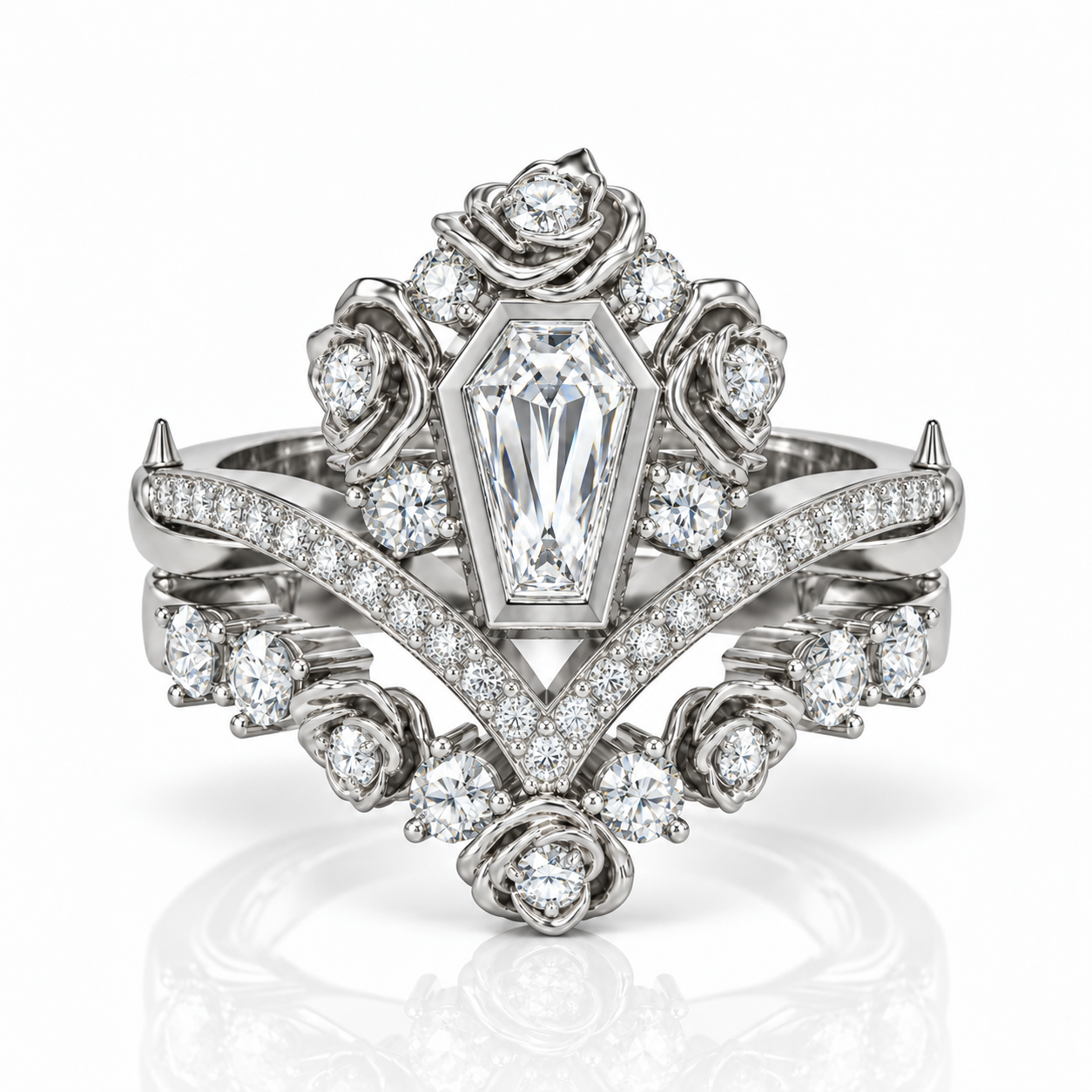 Gothic Romance Wedding Rings- Coffin Cut Diamond Option with Black Roses in 14k White Gold Band with Thorns-Black Diamonds New York