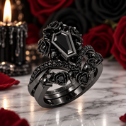 Gothic Romance Wedding Rings- Coffin Cut Diamond Option with Black Roses in 14k White Gold Band with Thorns-Black Diamonds New York