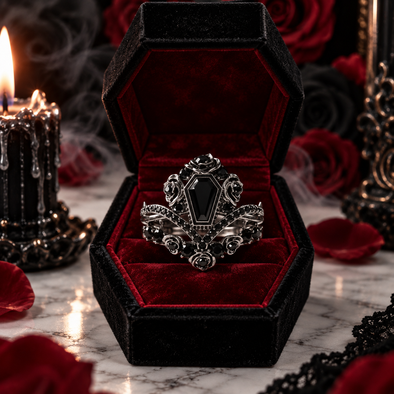 Gothic Romance Wedding Rings- Coffin Cut Diamond Option with Black Roses in 14k White Gold Band with Thorns-Black Diamonds New York