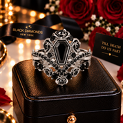 Gothic Romance Wedding Rings- Coffin Cut Diamond Option with Black Roses in 14k White Gold Band with Thorns-Black Diamonds New York