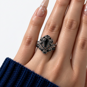 Gothic Romance Wedding Rings- Coffin Cut Diamond Option with Black Roses in 14k White Gold Band with Thorns-Black Diamonds New York