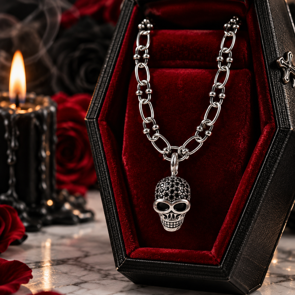 Punk Skull Diamond Option Paved Charm Necklace-Black Diamonds New York