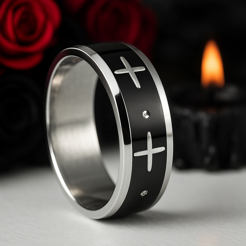 Gothic Two Tone Cross Men's Ring Band-Black Diamonds New York