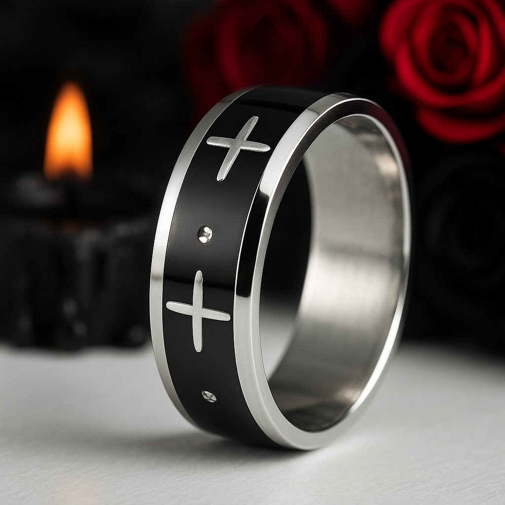 Gothic Two Tone Cross Men's Ring Band-Black Diamonds New York