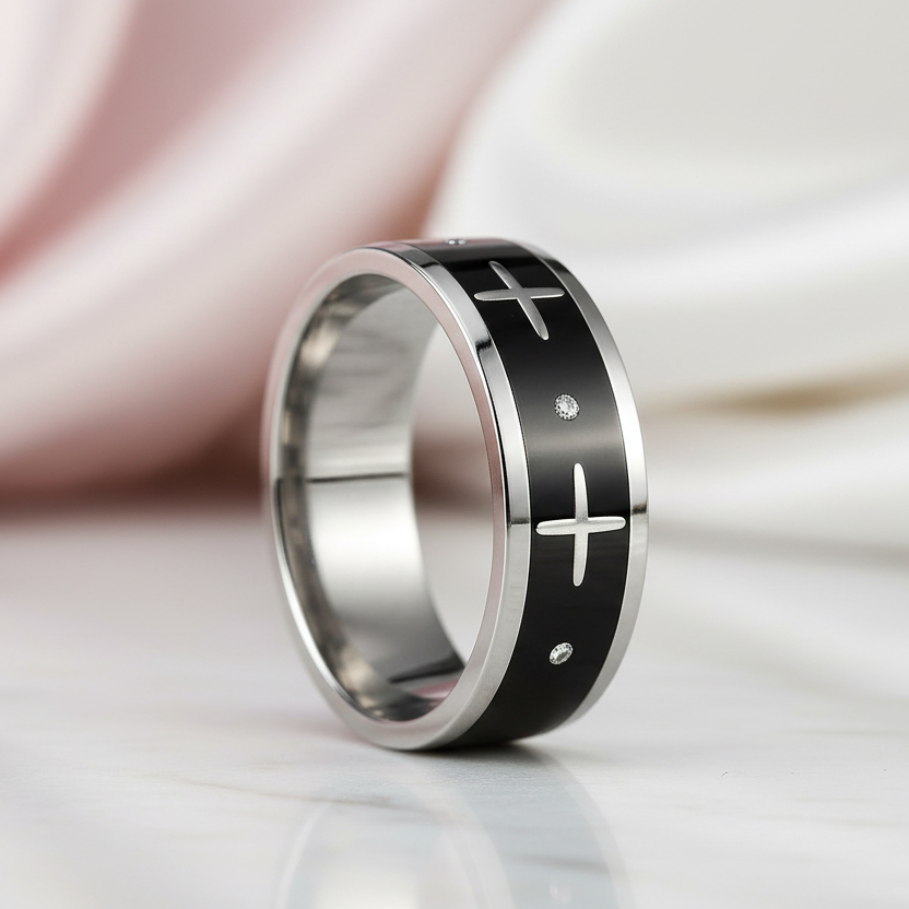 Gothic Two Tone Cross Men's Ring Band-Black Diamonds New York