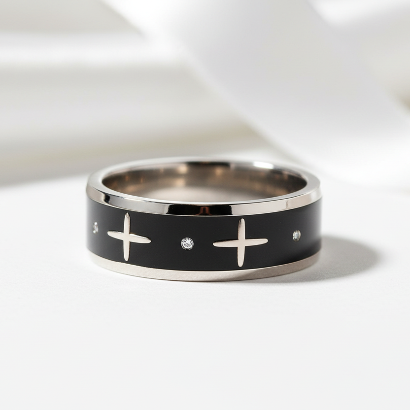 Gothic Two Tone Cross Men's Ring Band-Black Diamonds New York