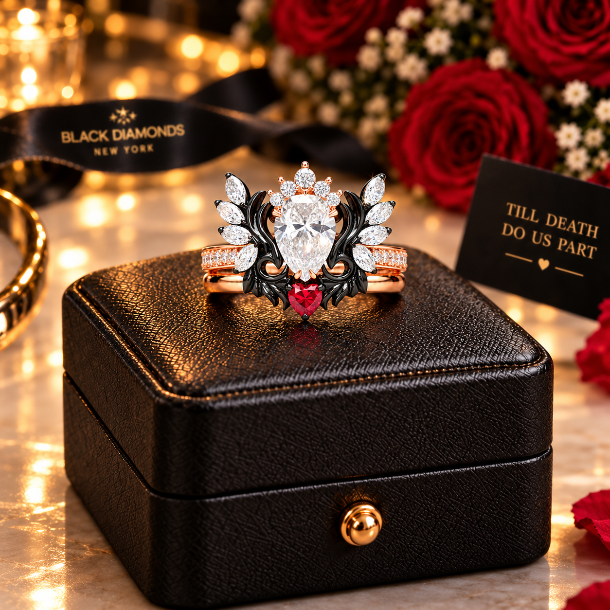 Angel's Wings- 14k White Gold Pear Cut and Red Heart Diamond Option Gothic Promise Ring-Black Diamonds New York