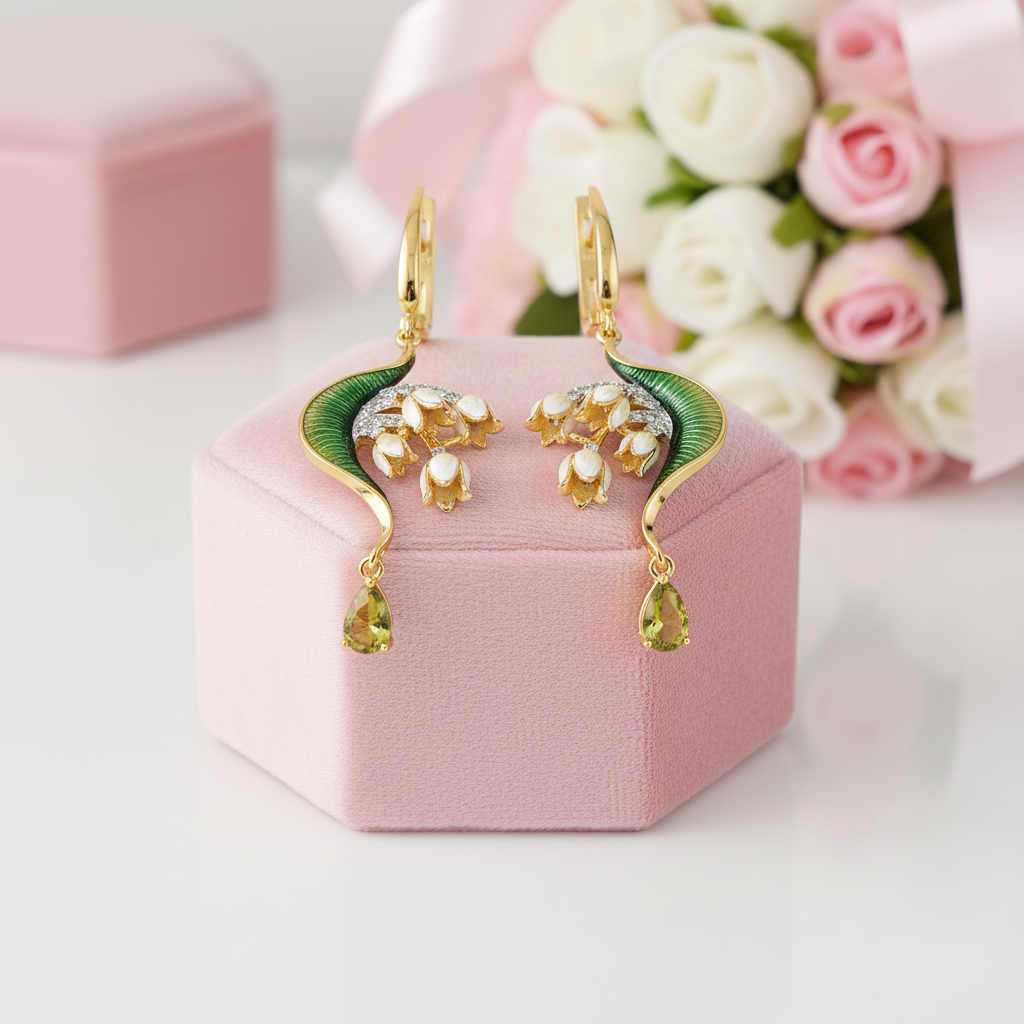 Green Enamel Flower Drop Earrings with Diamond Option-Black Diamonds New York