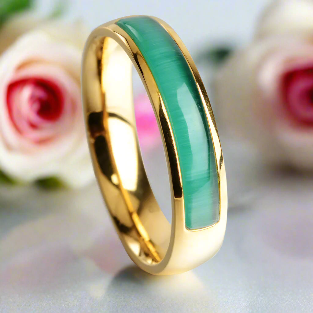 Green Opal Simulated Emerald Green Stainless Steel Ring-Black Diamonds New York