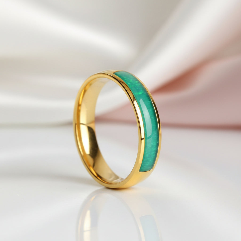Green Opal Simulated Emerald Green Stainless Steel Ring-Black Diamonds New York