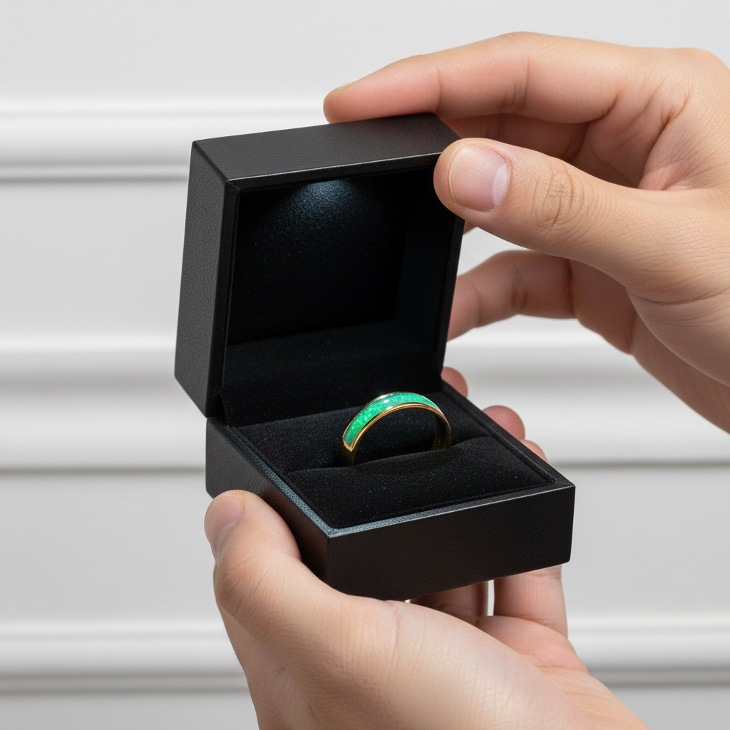 Hand holding a black jewelry box with a green gemstone ring inside against a neutral background