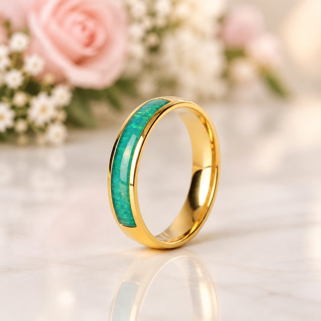 Green Opal Simulated Emerald Green Stainless Steel Ring-Black Diamonds New York