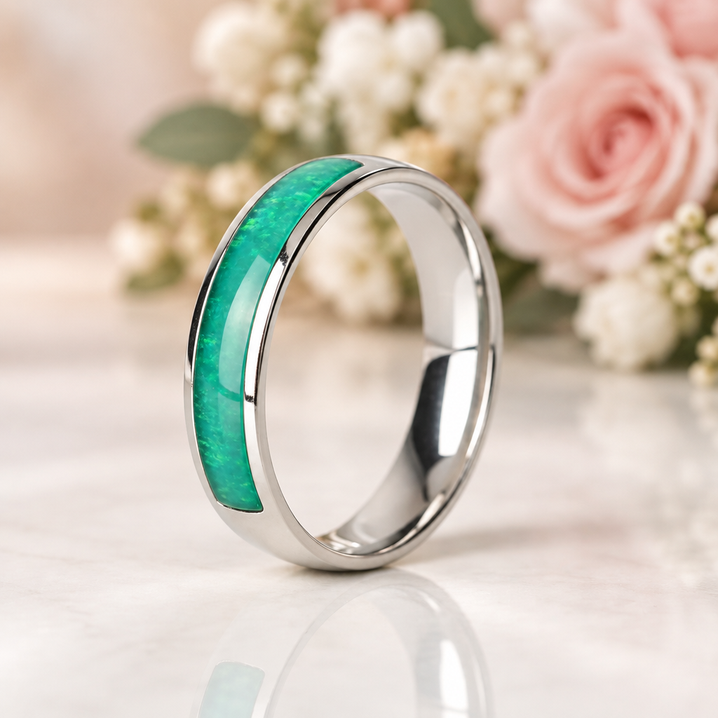 Green Opal Simulated Emerald Green Stainless Steel Ring-Black Diamonds New York