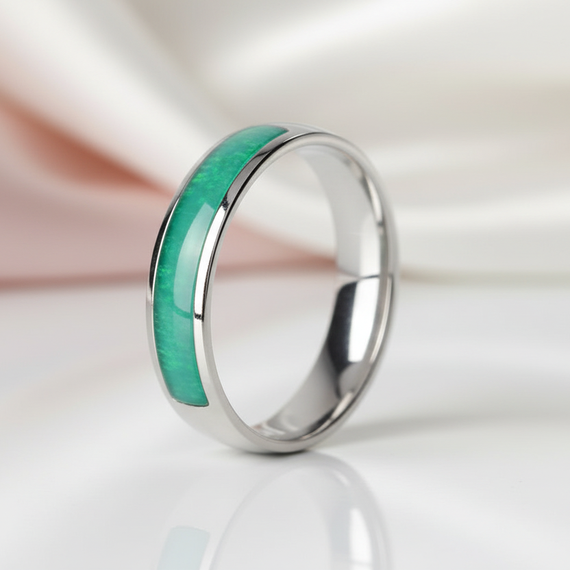 Silver ring with green inlay on a reflective surface