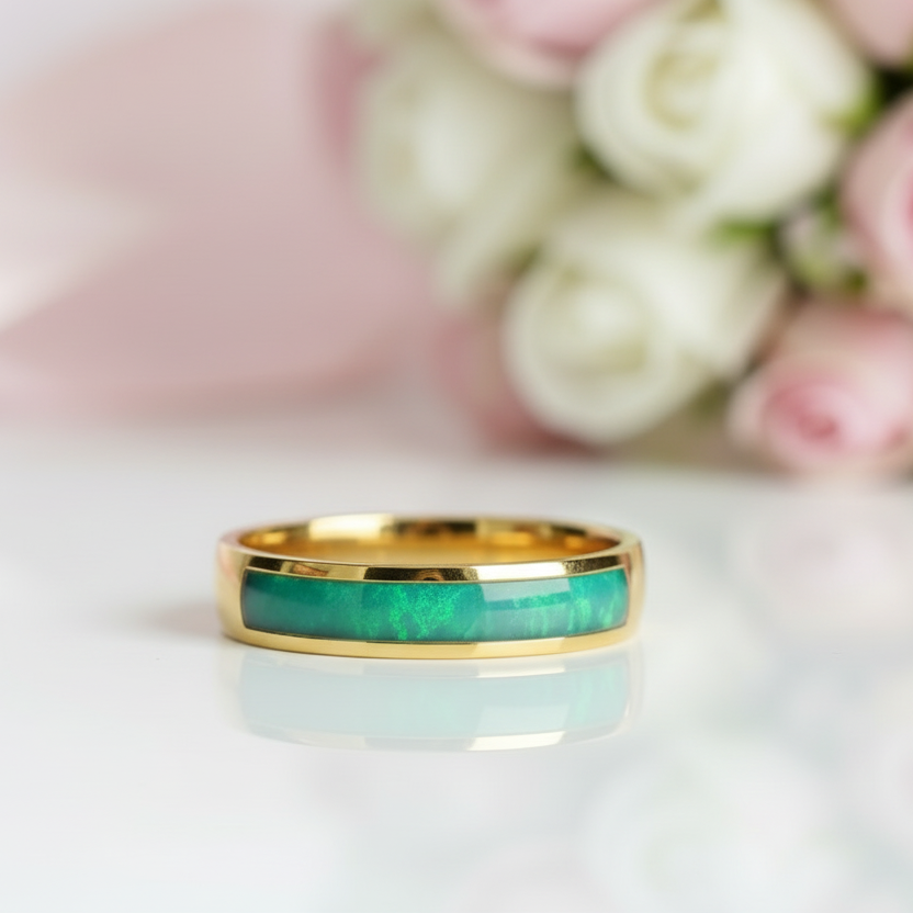 Gold ring with green inlay on a light surface with blurred flowers in the background