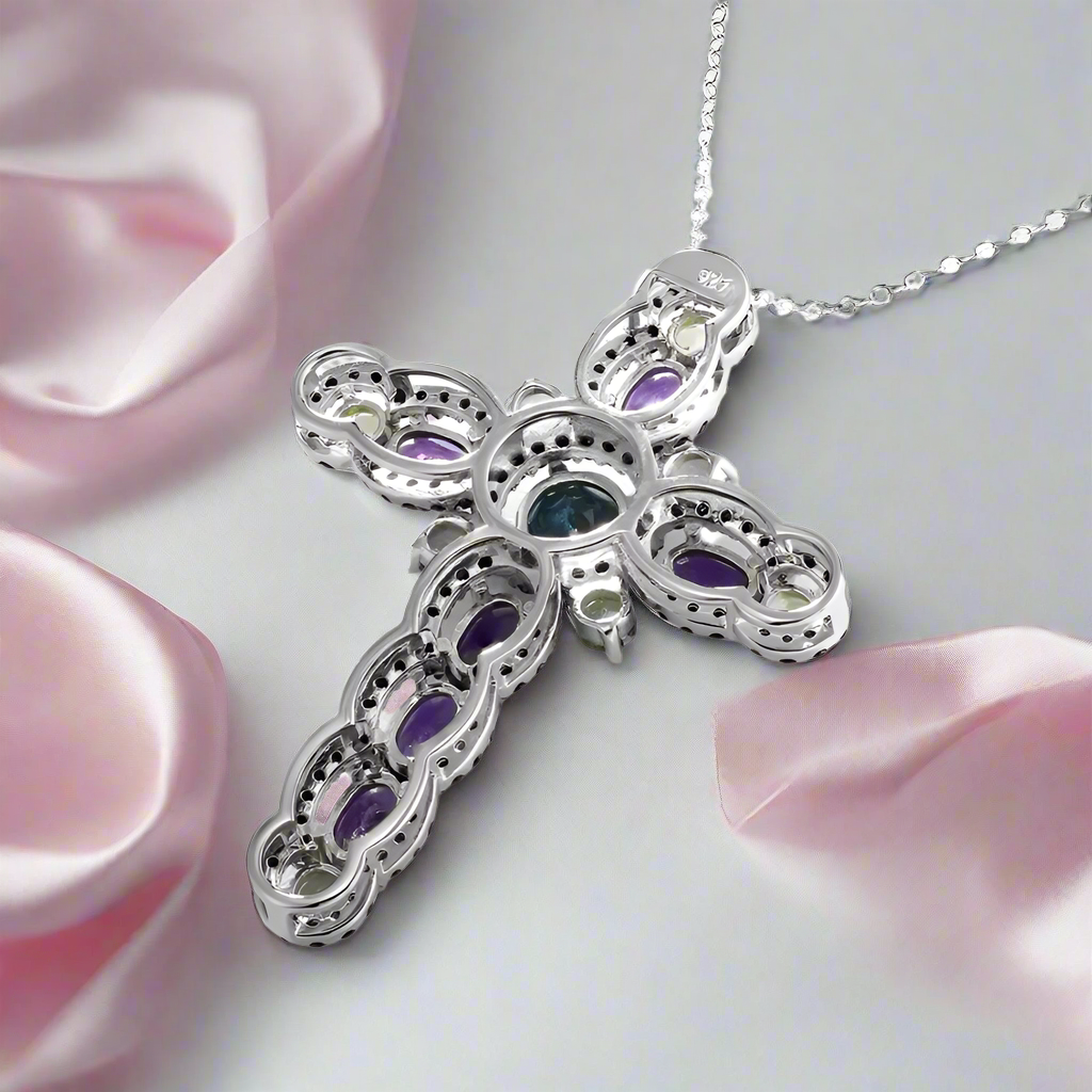 Mystical Multi-gems Cross Pendant Necklace-Black Diamonds New York