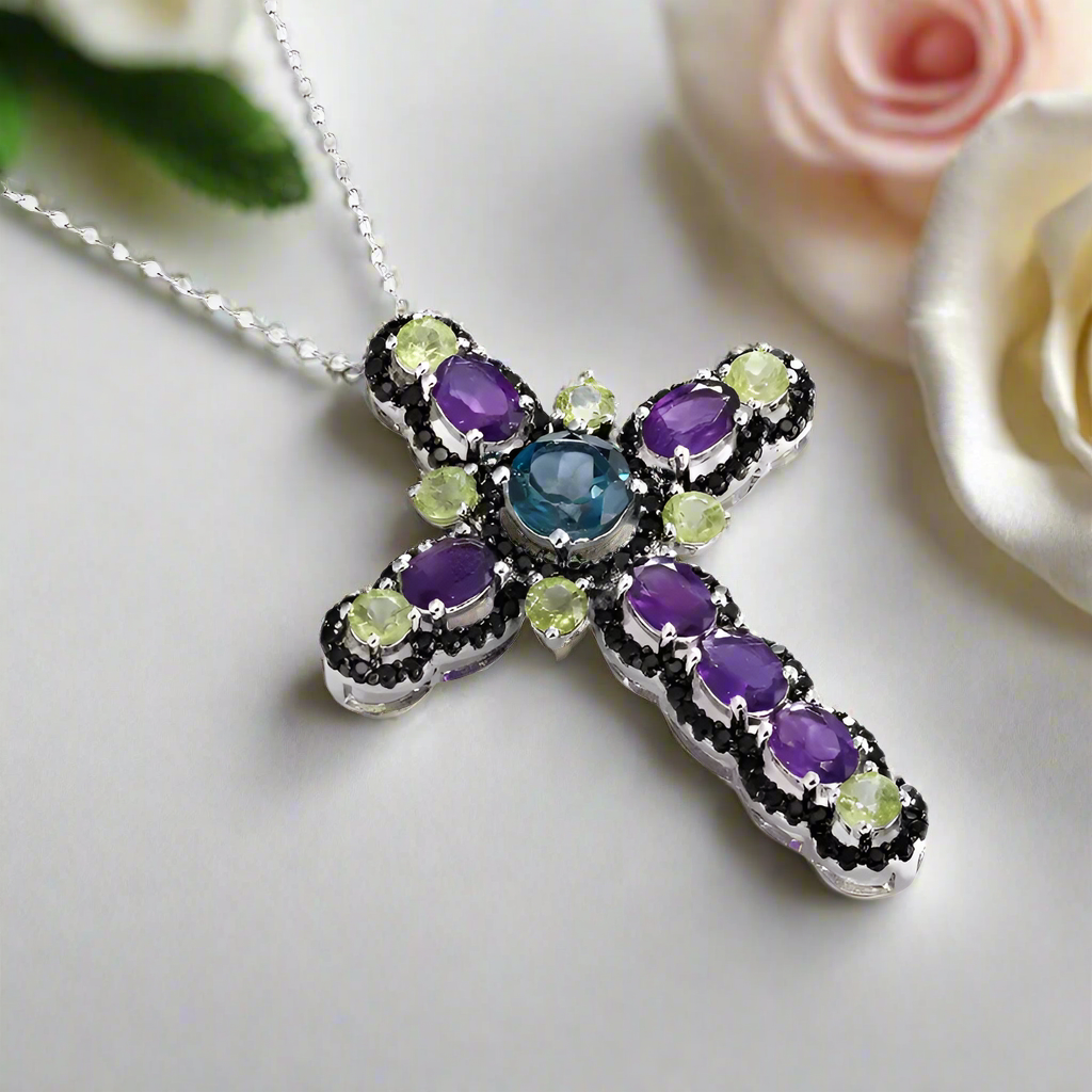 Mystical Multi-gems Cross Pendant Necklace-Black Diamonds New York