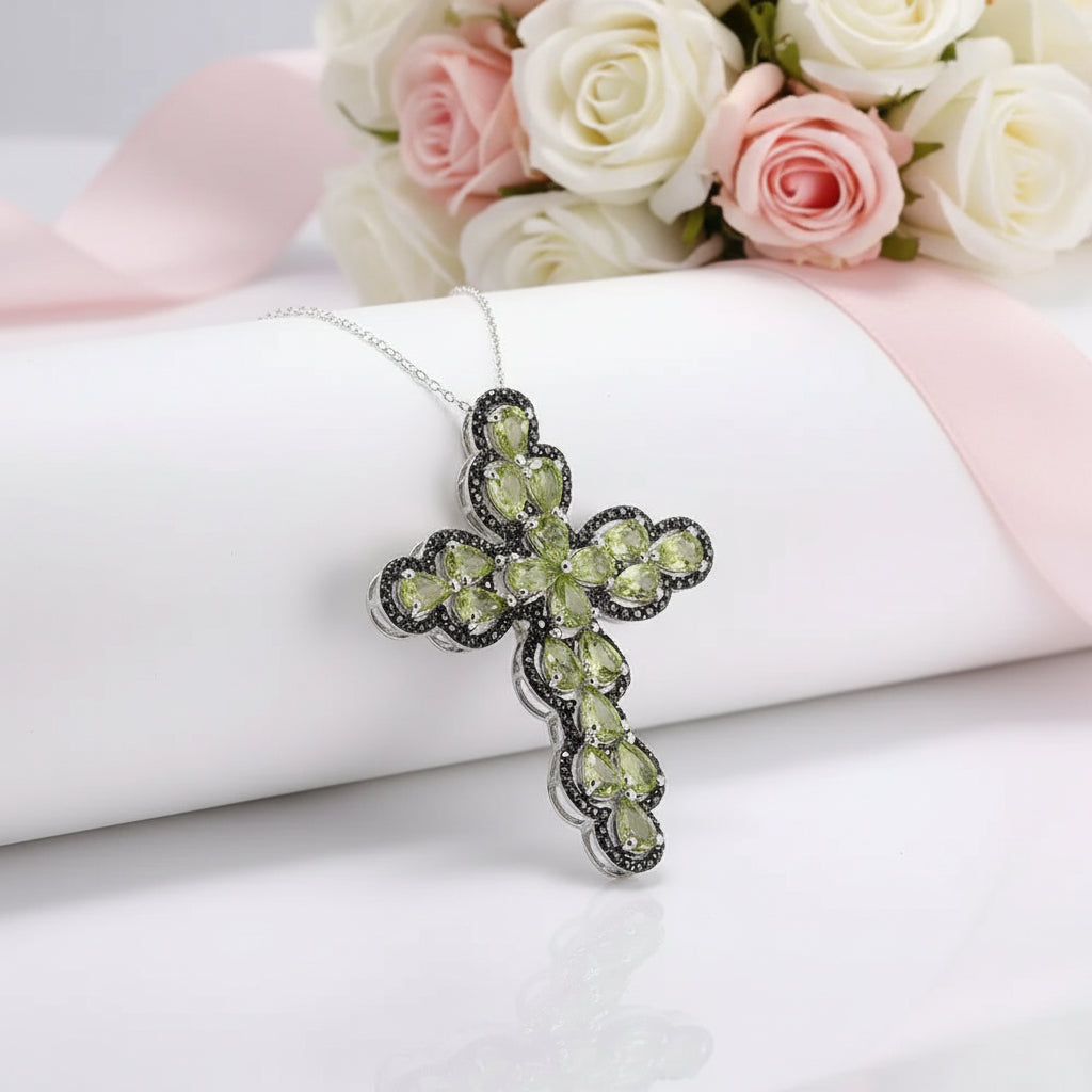 Pear-cut Peridot with Black Spinel Cross Pendant Necklace-Black Diamonds New York