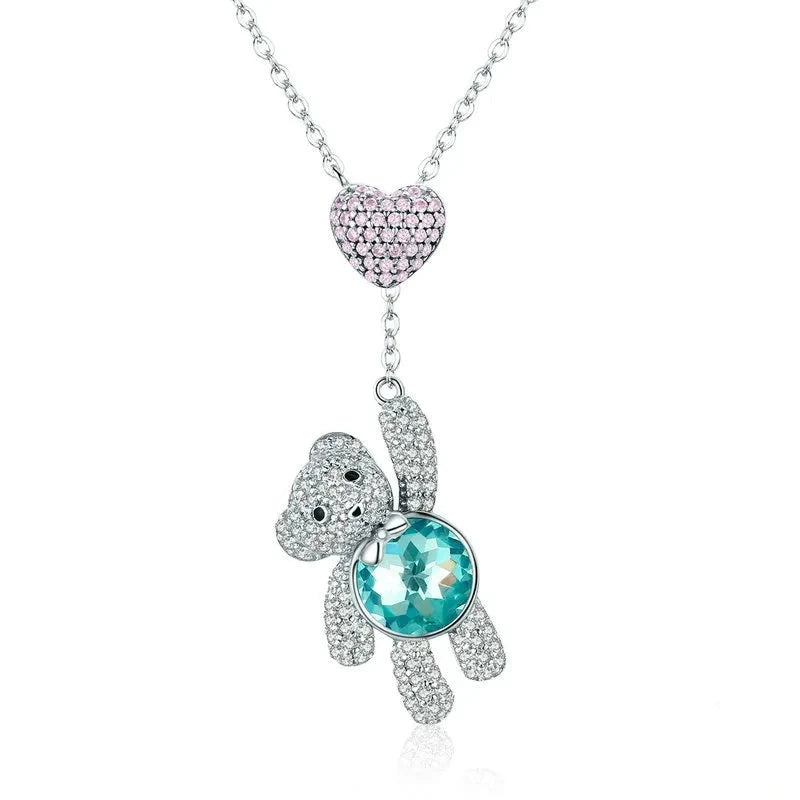 Heart And Cute Bear Pendant Necklace with Pink EVN Diamond-Black Diamonds New York
