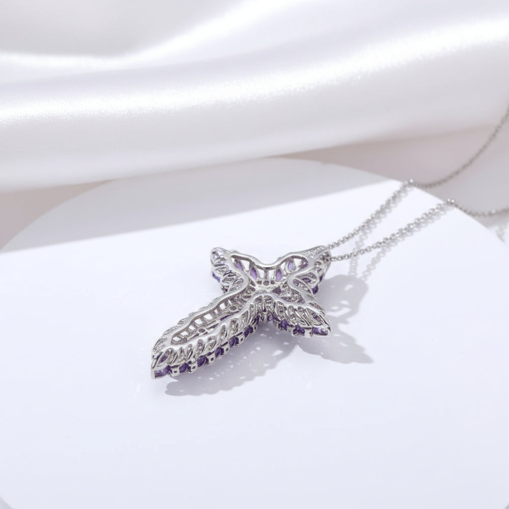 Elegant Amethyst and Tanzanite Marquise-Cut Cross Pendant Necklace-Black Diamonds New York