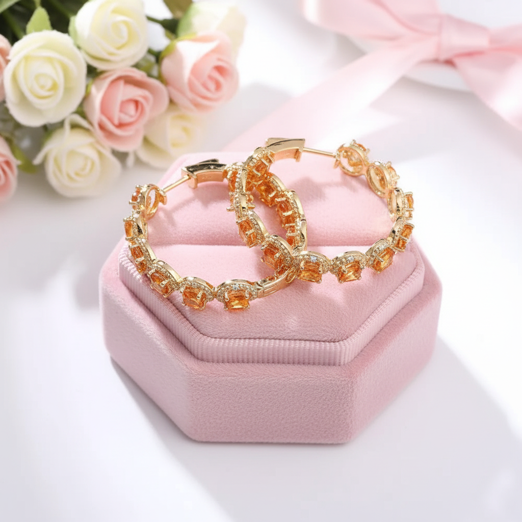 Oval-cut Citrine Gemstone Vintage Hoop Earrings-Black Diamonds New York