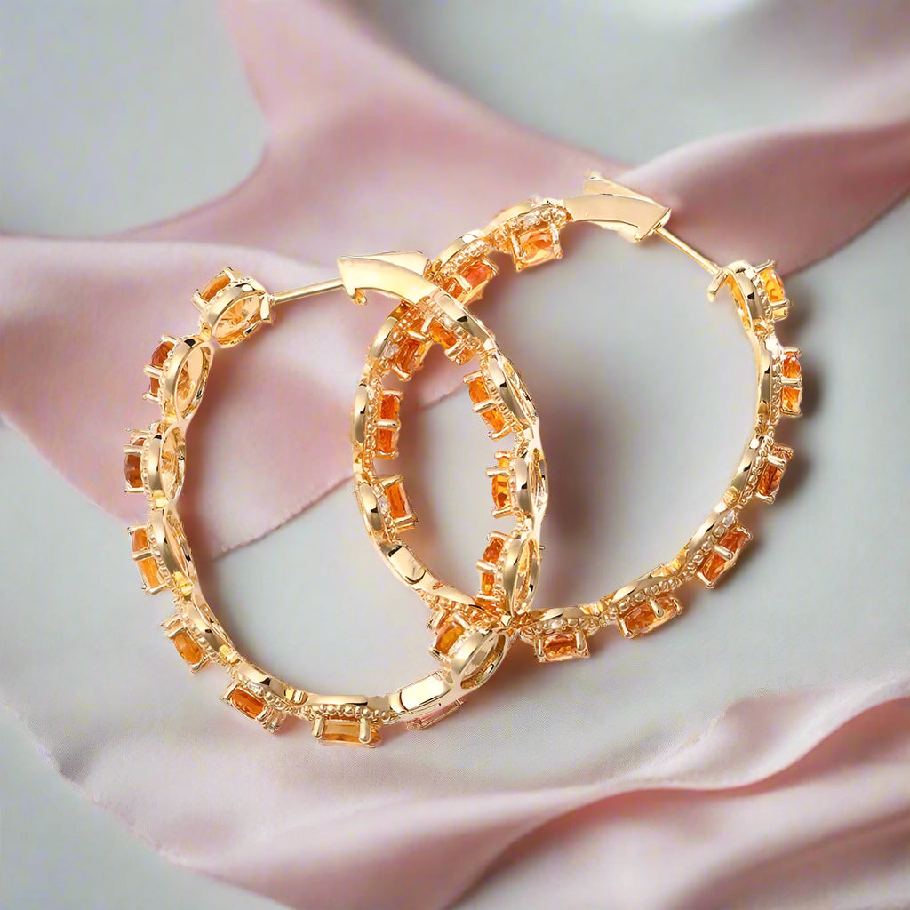 Oval-cut Natural Citrine Gemstone Vintage Hoop Earrings-Black Diamonds New York