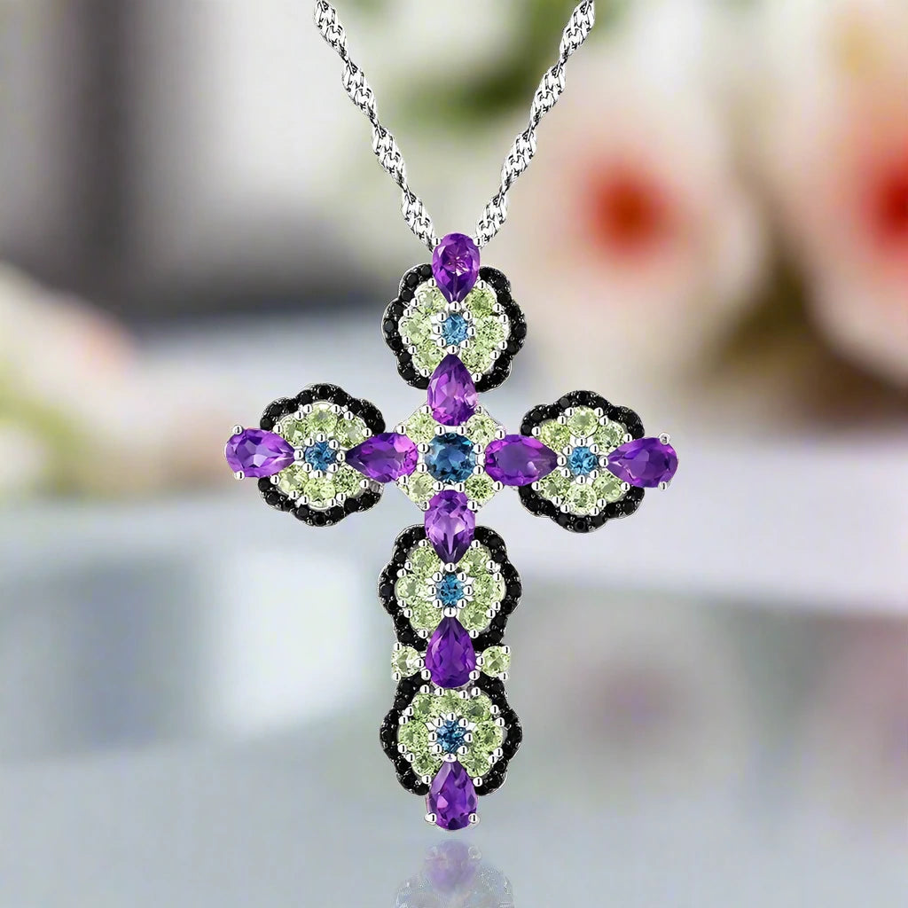 Natural Topaz and Amethyst Gemstone Cross Pendant Necklace-Black Diamonds New York