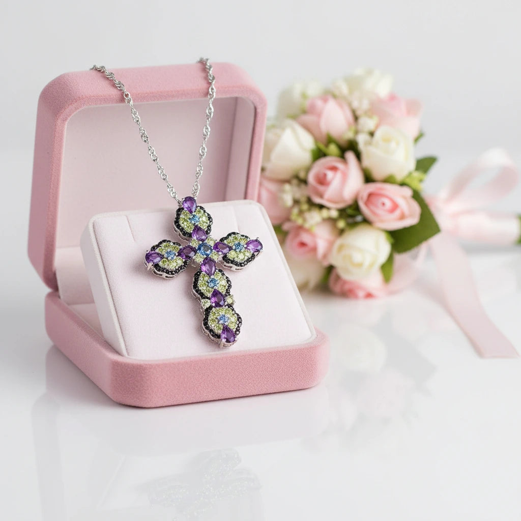 Blue Topaz and Purple Amethyst Gemstone Cross Pendant Necklace-Black Diamonds New York