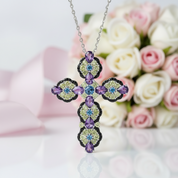 Natural Topaz and Amethyst Gemstone Cross Pendant Necklace-Black Diamonds New York
