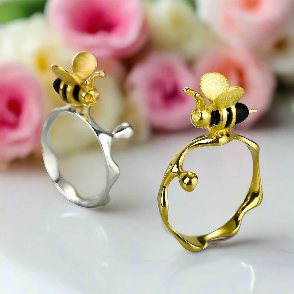 Handmade Bee and Dripping Honey Rings-Black Diamonds New York