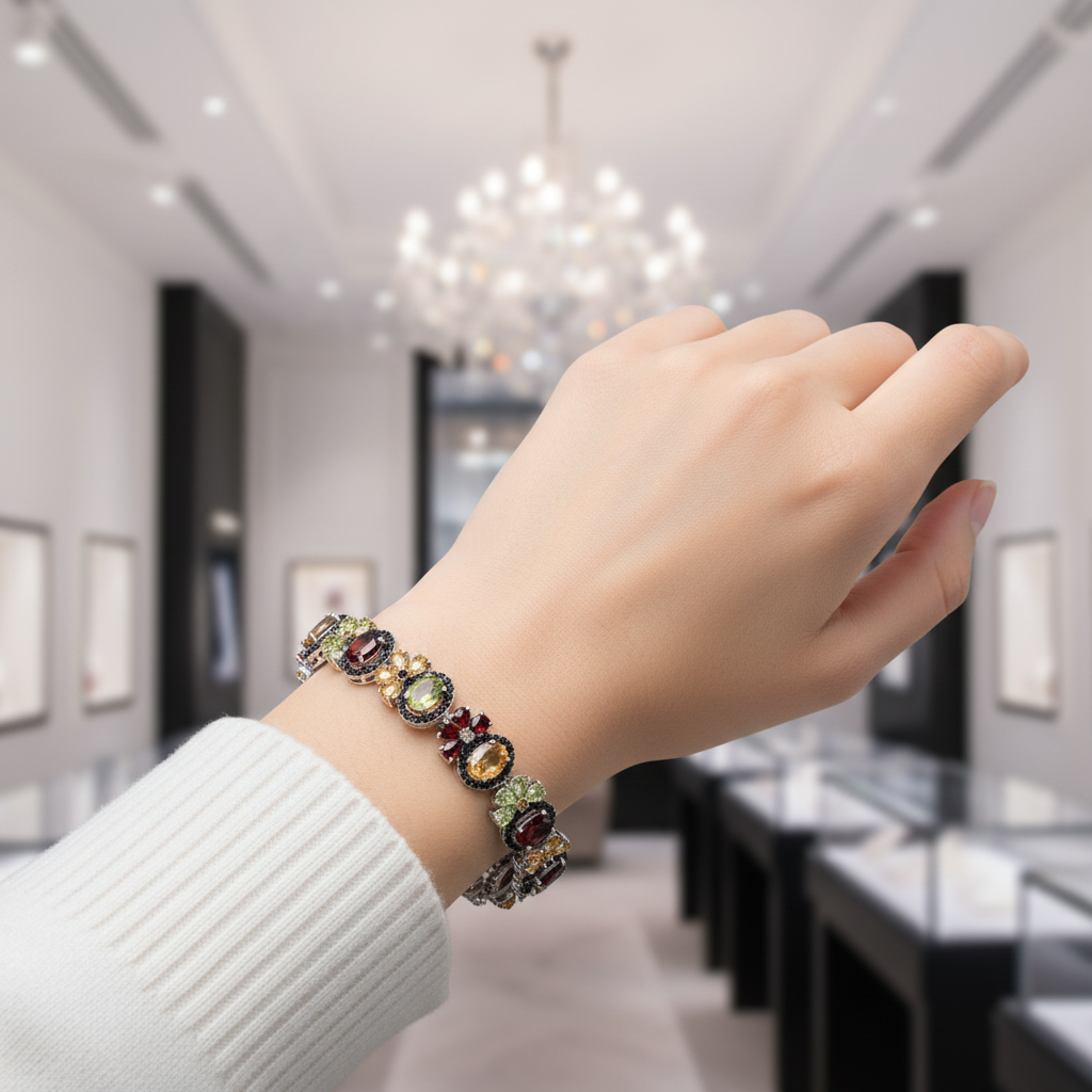 Oval-cut Multi Gemstone Flower Halo Bracelet-Black Diamonds New York