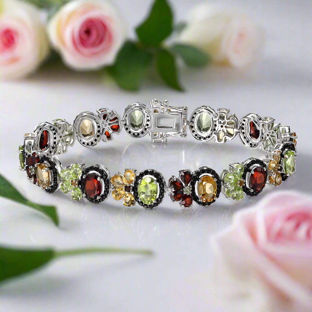 Oval-cut Natural Multi Gemstone Flower Halo Bracelet-Black Diamonds New York