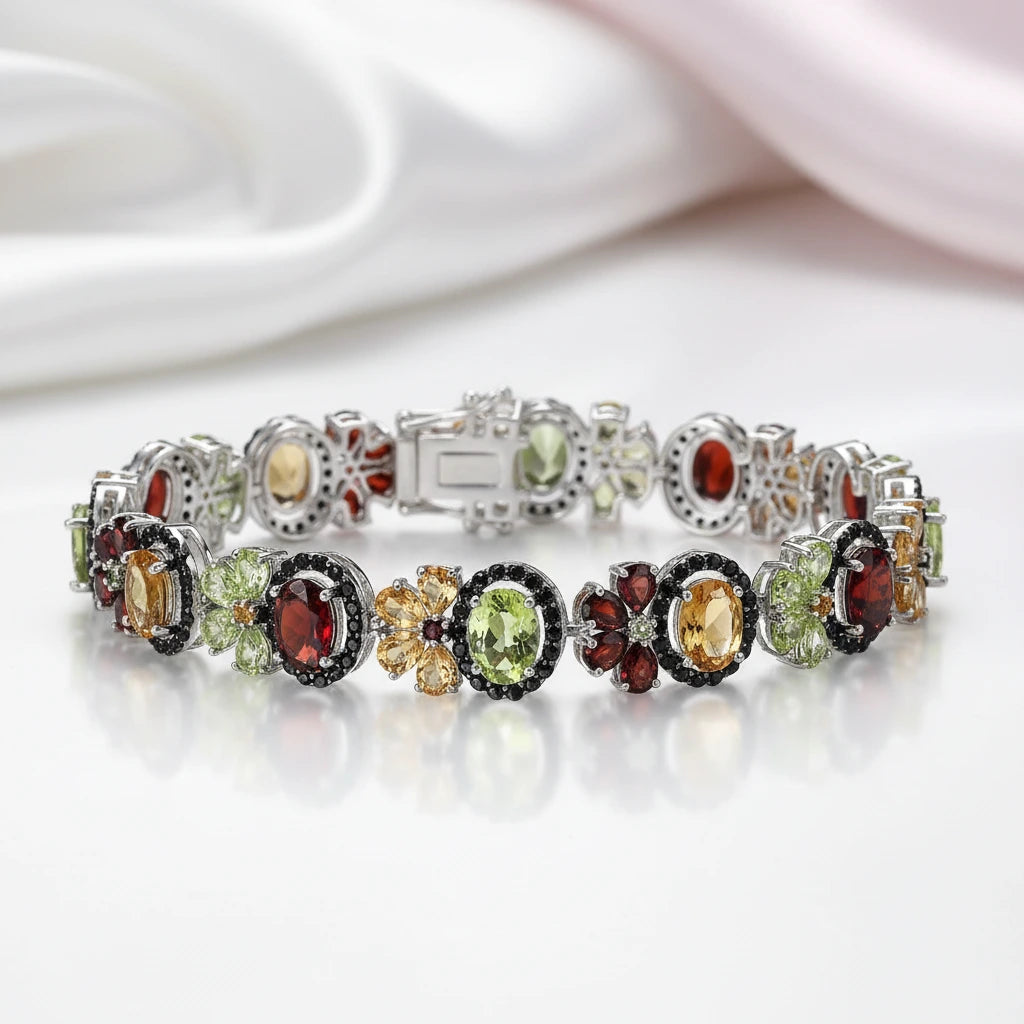 Oval-cut Multi Gemstone Flower Halo Bracelet-Black Diamonds New York