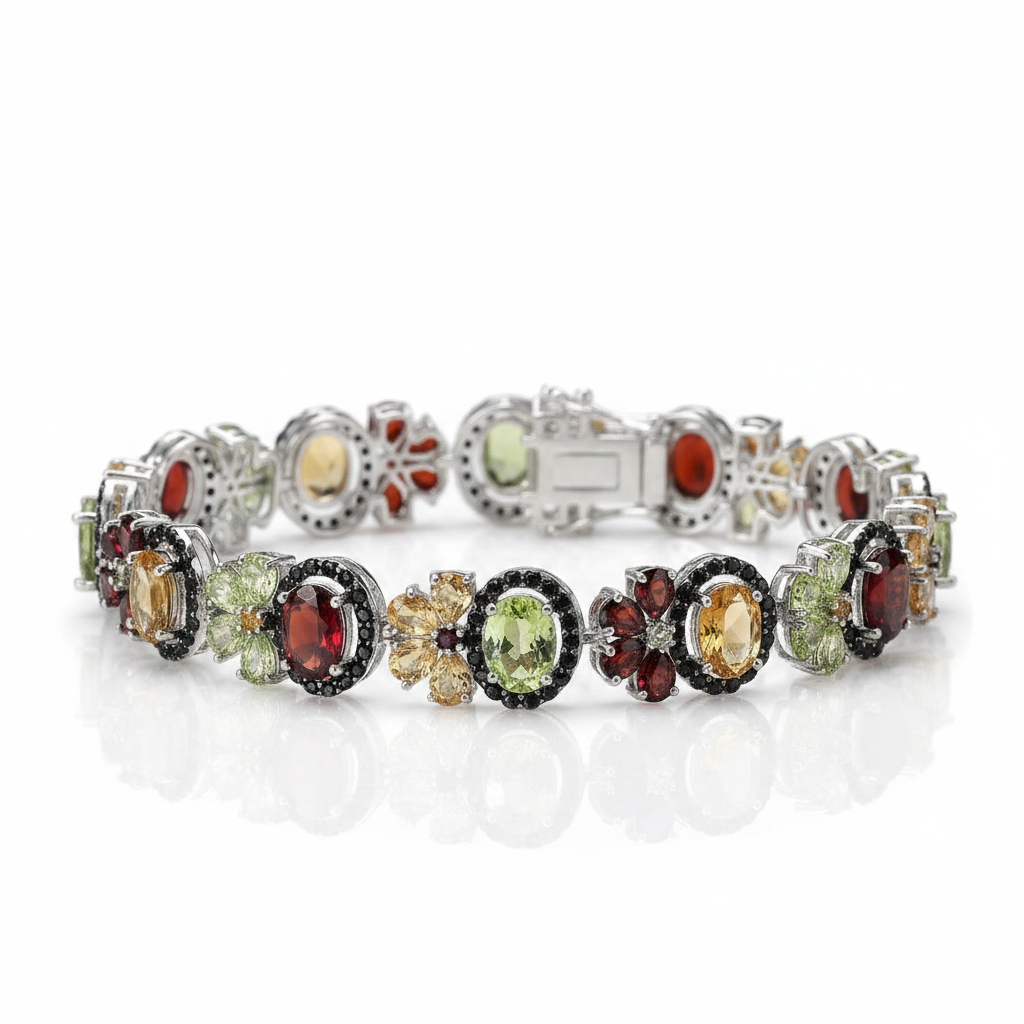 Oval-cut Multi Gemstone Flower Halo Bracelet-Black Diamonds New York