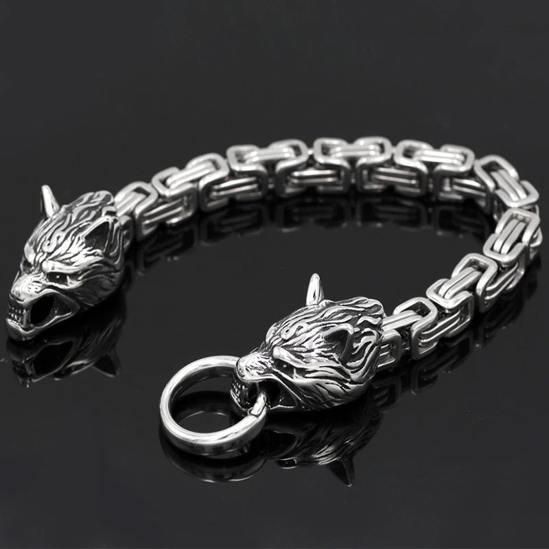 Stainless Steel Viking Wolf Head Men's Bracelet-Black Diamonds New York