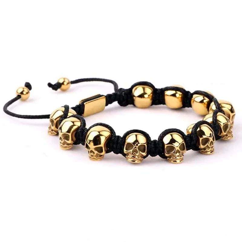 Unisex Skull Beads Gothic Bracelet with Braided Wrap-Black Diamonds New York