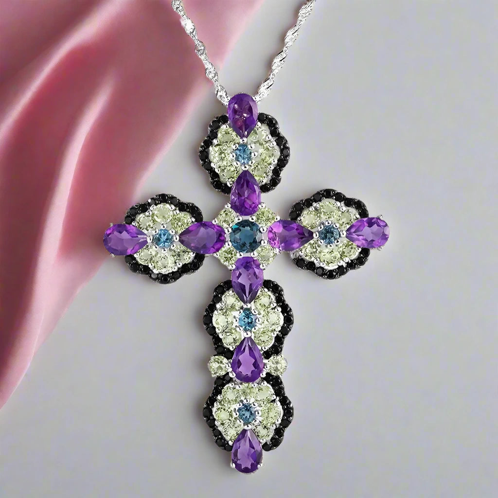 Natural Topaz and Amethyst Gemstone Cross Pendant Necklace-Black Diamonds New York