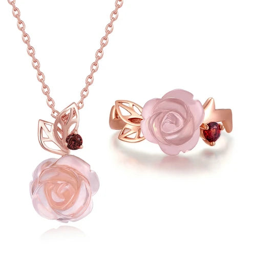 Exquisite Rose Flower Jewelry Set with Red Quartz Stone-Black Diamonds New York