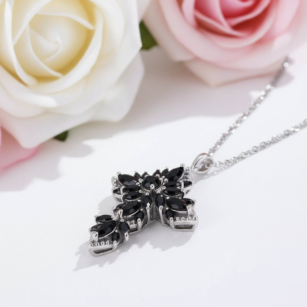 Marquise-cut Black Spinel Spiky Cross Necklace-Black Diamonds New York