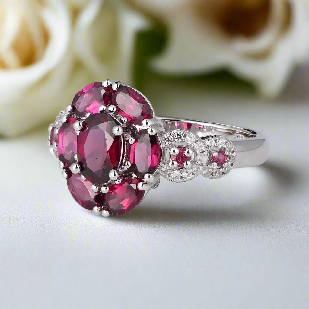 3.0 Ct Purple Garnet Gemstone Flower Ring-Black Diamonds New York