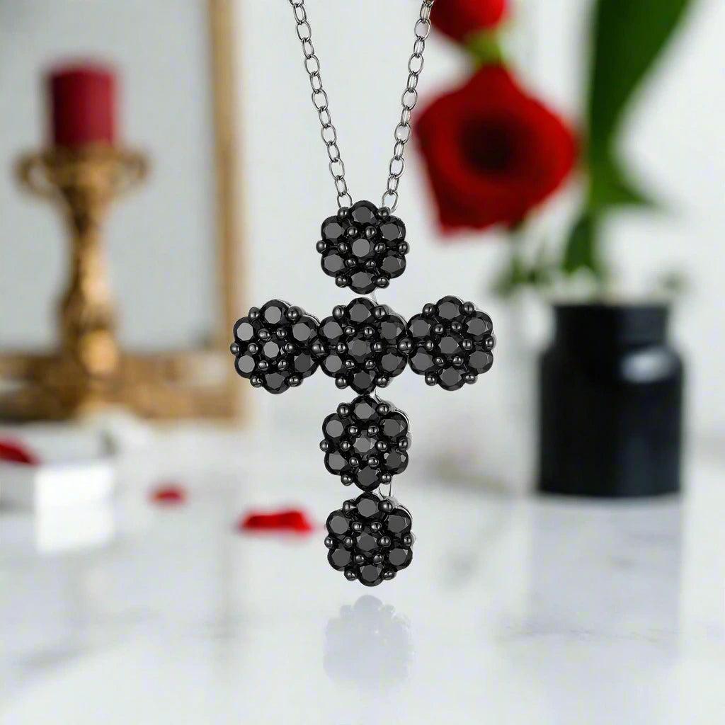 Round-cut Black Spinel Cross Goth Necklace-Black Diamonds New York
