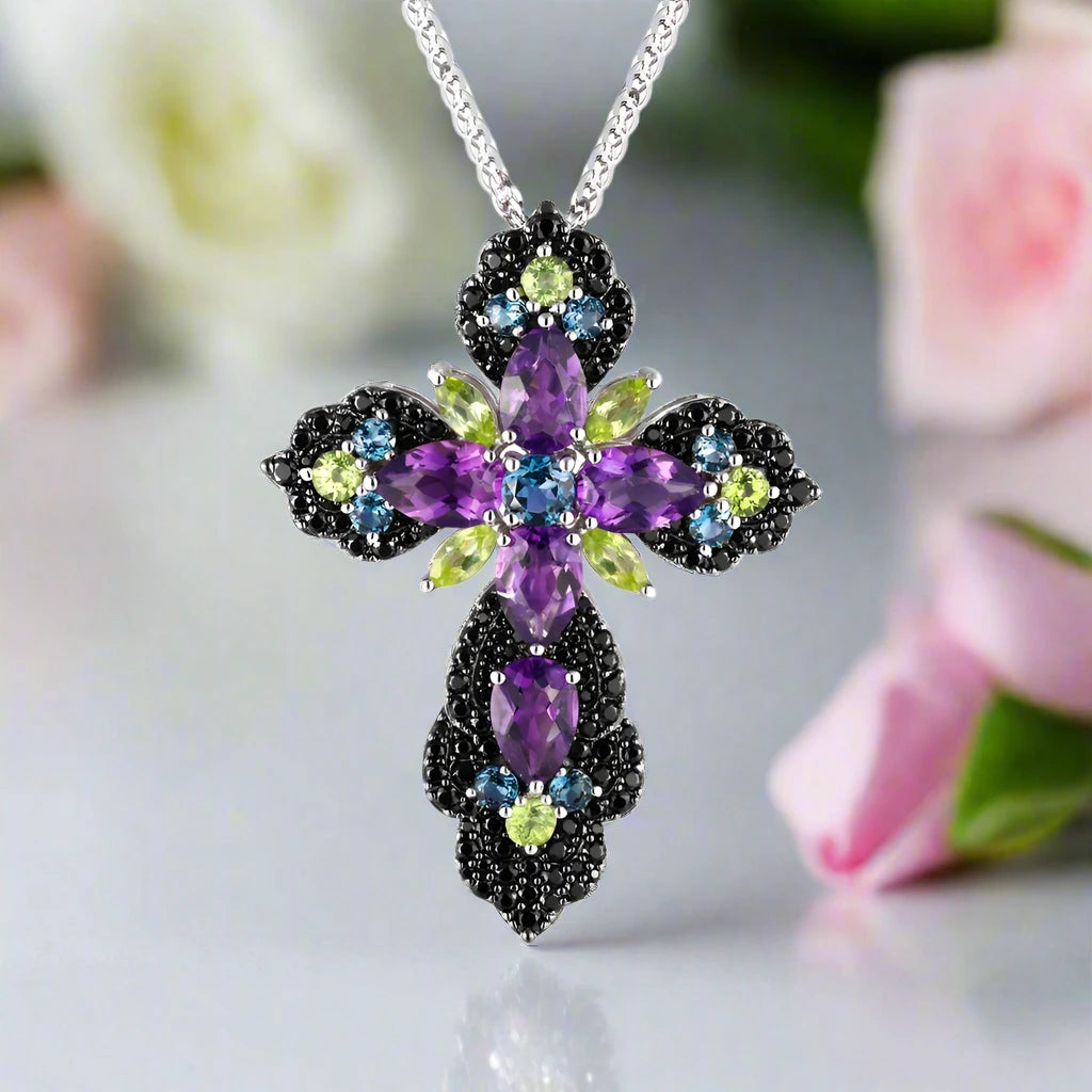 Bohemian Multicolor Gemstones Cross Necklace-Black Diamonds New York