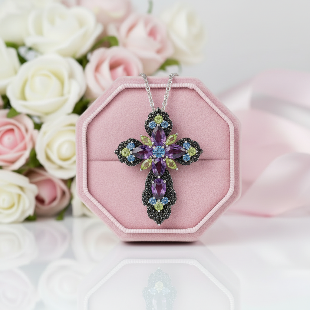 Bohemian Multicolor Gemstones Cross Necklace-Black Diamonds New York