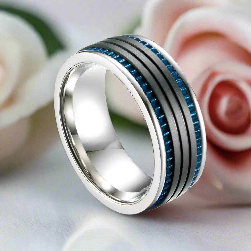 Black Space with Blue Inlay Titanium Steel Ring-Black Diamonds New York